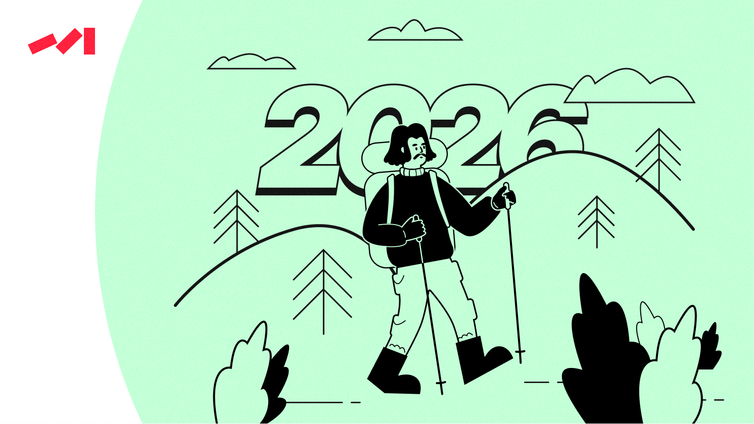 A cartoon illustration of a person hiking with trekking poles in a mountainous landscape, featuring the year "2026" prominently in the background. The color scheme is light green with black outlines.
