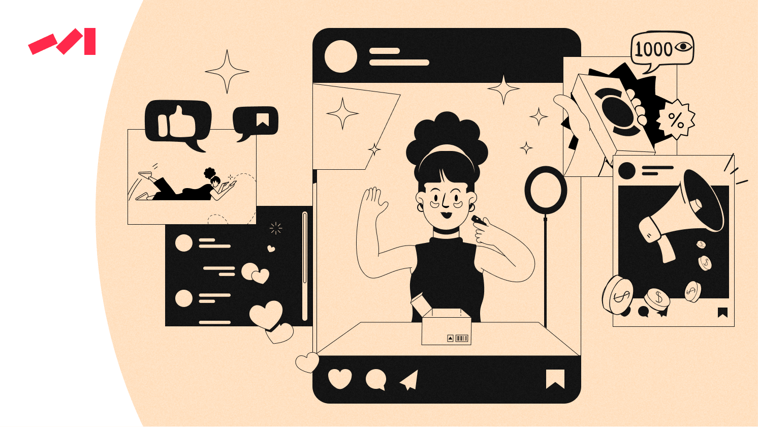 A stylized illustration featuring a person inside a smartphone frame, surrounded by icons like thumbs up, hearts, and chat bubbles. Elements include a box in front of the person and various graphic symbols representing social media engagement.