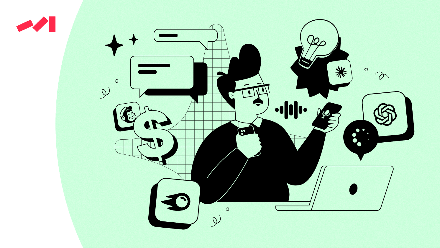 A person sitting at a desk holding a phone, surrounded by various icons representing technology, communication, and finance.