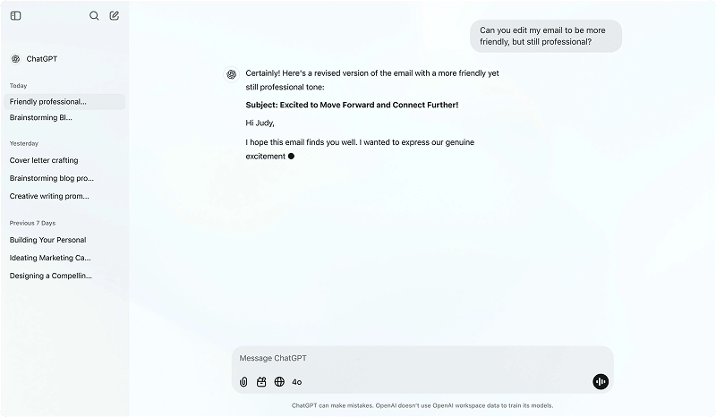 A screenshot of a chat interface showing a conversation about editing an email for professionalism, with the user asking for a friendlier tone.