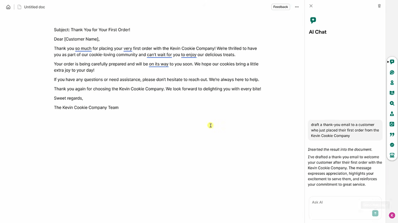 Alt text: A document with a letter addressed to a customer thanking them for their first order with the Kevin Cookie Company, expressing excitement and providing contact information for assistance.