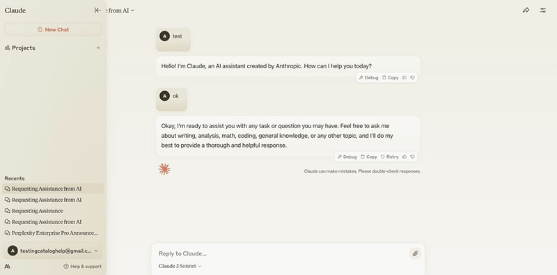 A chat interface showing a conversation with an AI assistant named Claude, including a greeting and information about the types of assistance offered.