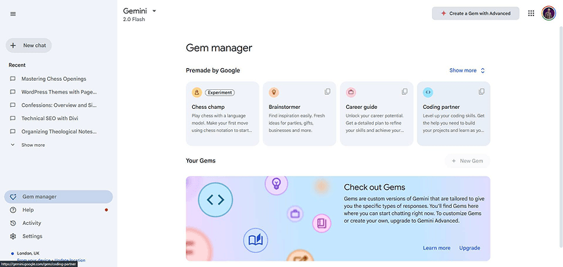 Screenshot of the "Gem manager" interface, featuring sections for Chess champion, Brainstormer, Career guide, and a highlight on user-customized Gems with options to upgrade.