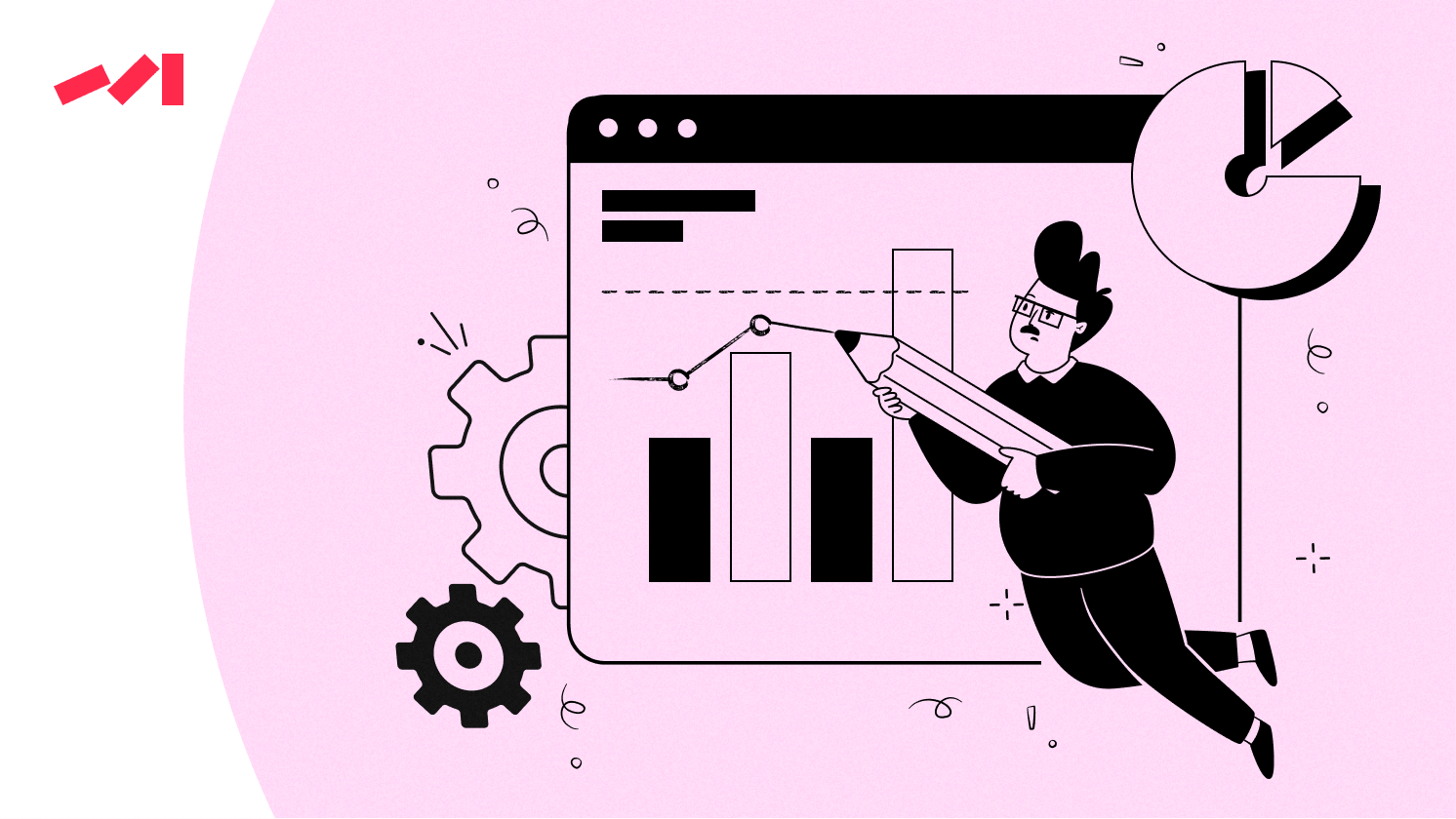 A person using a pencil to draw on a digital graph, with bar charts and a pie chart in the background, accompanied by gears and various design elements. The overall color scheme is pink and black.