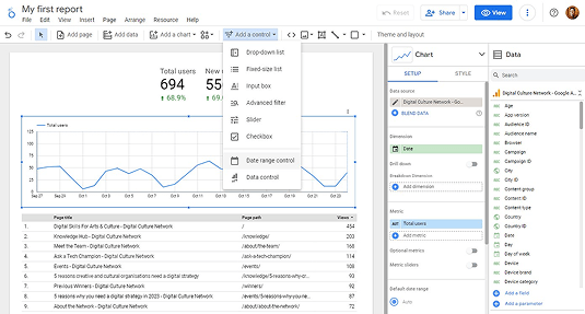 Screenshot of a data report showing user statistics. The top section displays total users, with a graph tracking users over time. A dropdown menu is open, displaying options like "Add a control" and "Chart type." The right panel shows data options for customizing the report.