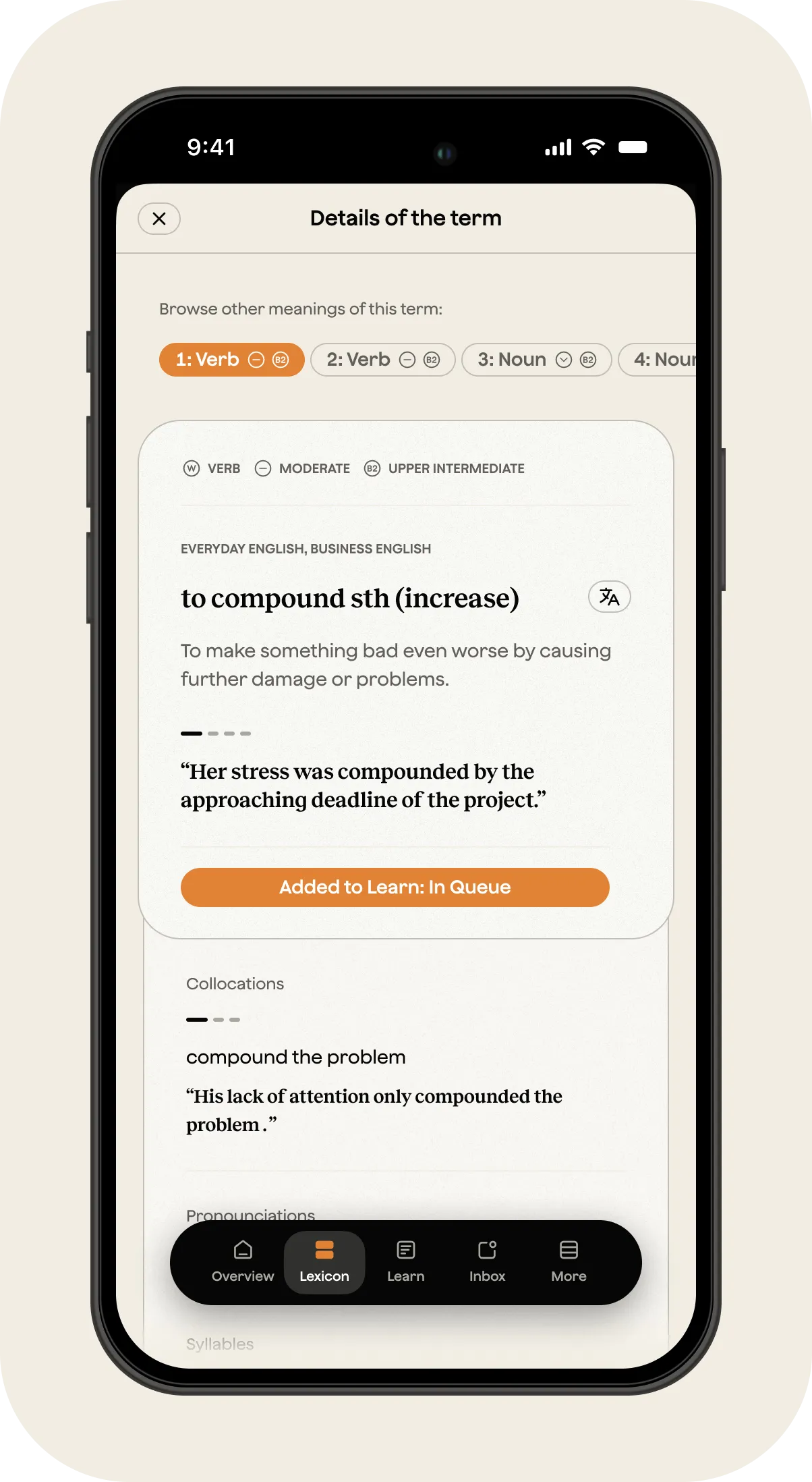 A cell phone screen shows a dictionary definition of the term "compound".