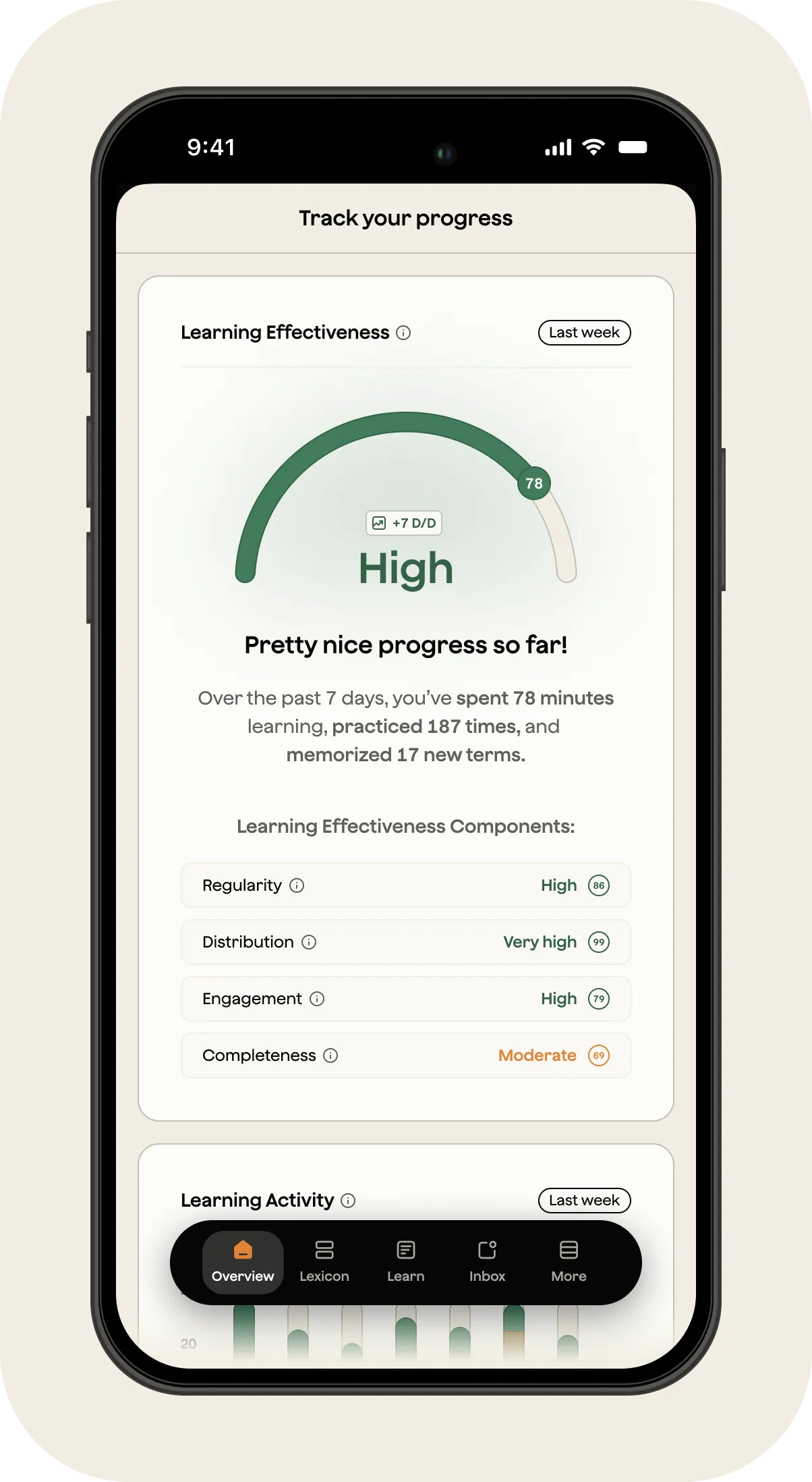 A smartphone screen with a progress bar and a learning app.