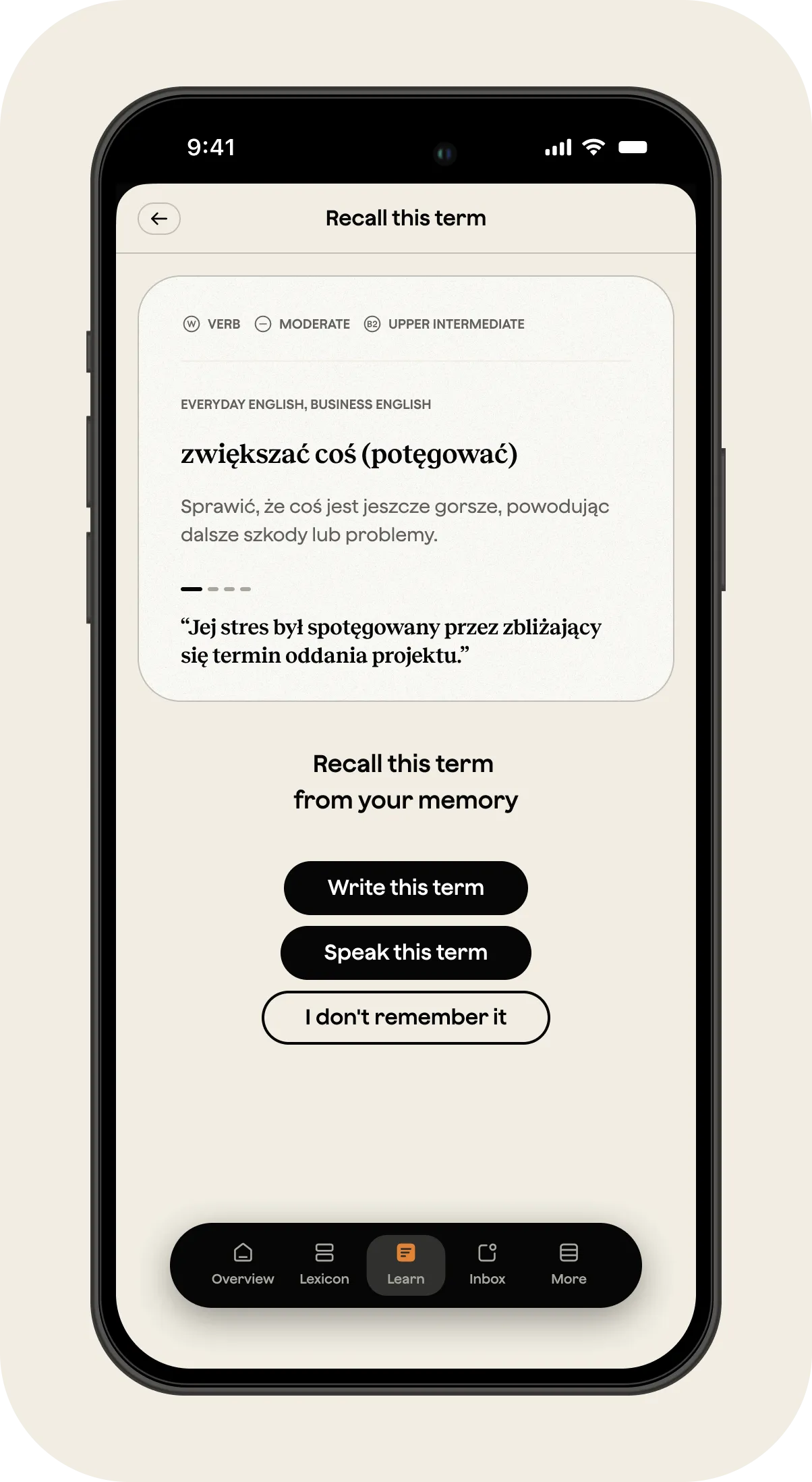 A phone screen with a button that says "Recall this term".