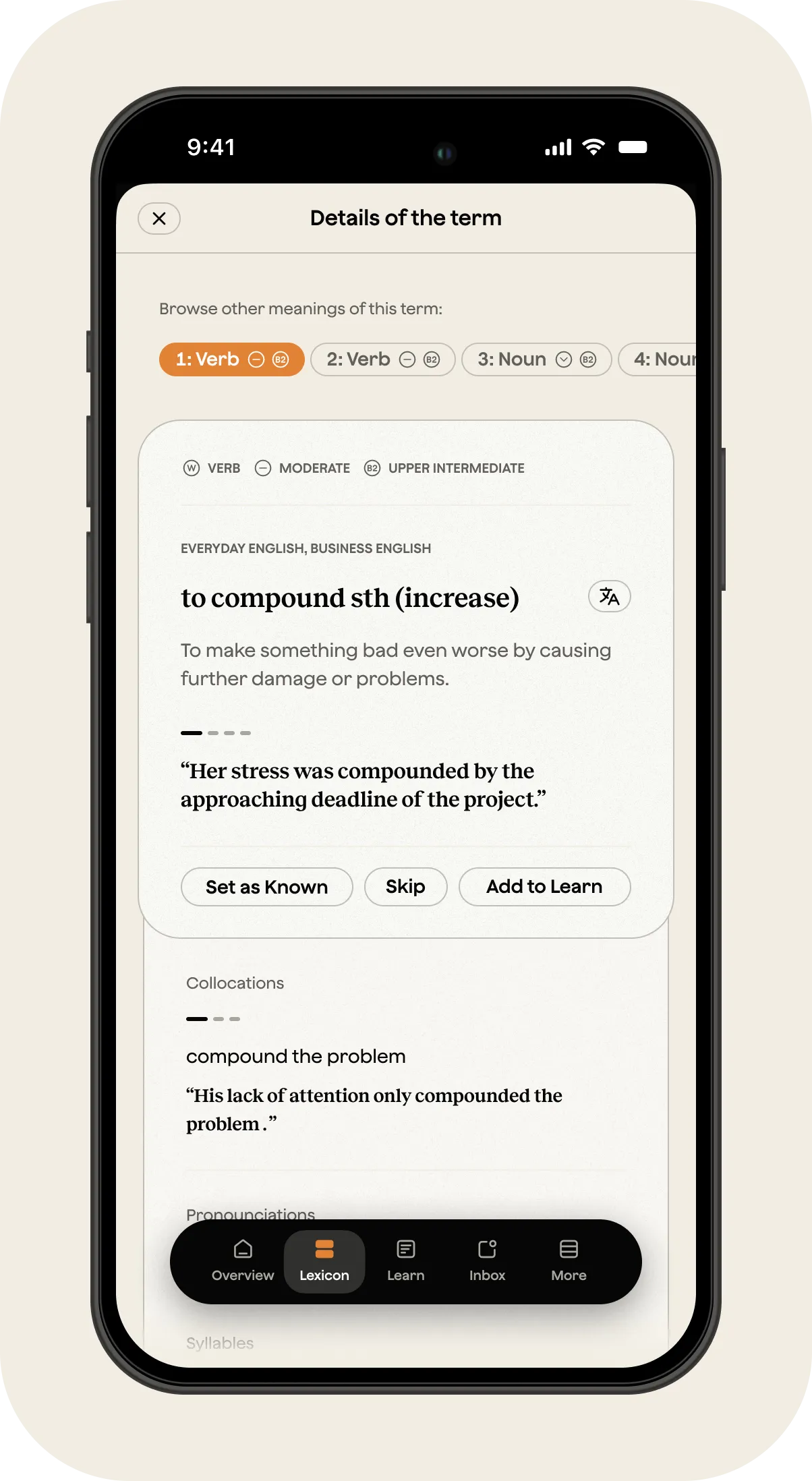 A cell phone screen with a dictionary app open.