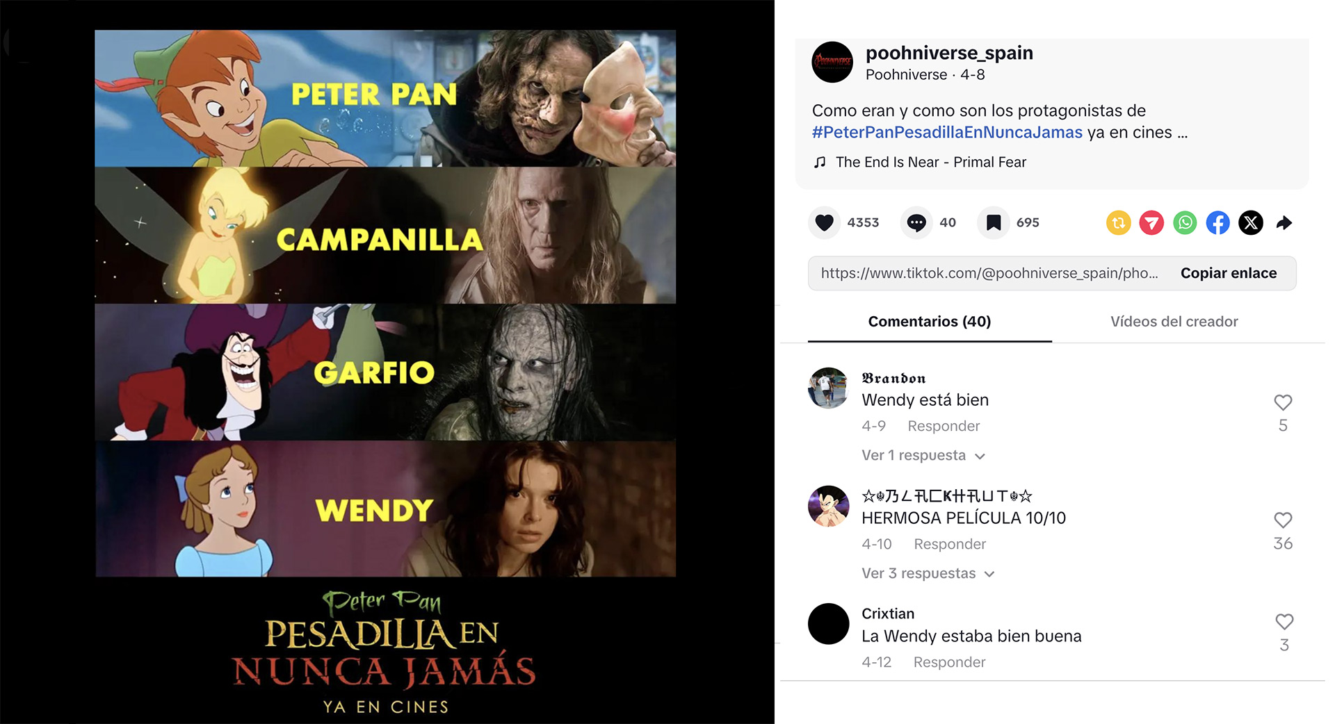 Comparación visual del antes y después de los personajes de Peter Pan en su versión clásica animada frente a sus nuevas versiones de terror en la película Pesadilla en Nunca Jamás, parte del universo Poohniverse.