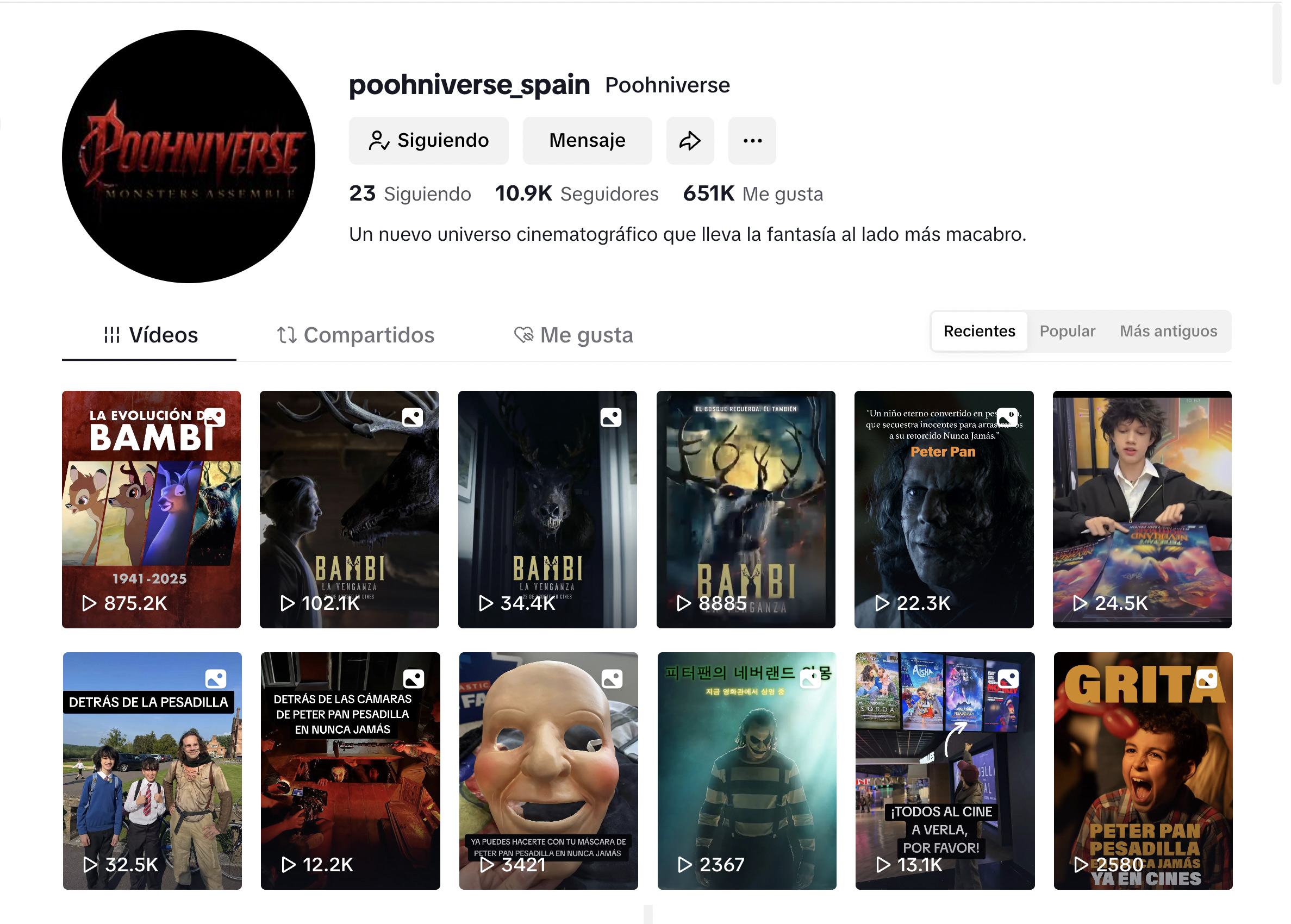 Captura del perfil de TikTok @poohniverse_spain mostrando su crecimiento orgánico hasta los 10.9K seguidores y 651K me gusta, con vídeos que acumulan cientos de miles de visualizaciones sobre el universo de terror basado en personajes clásicos como Bambi o Peter Pan.