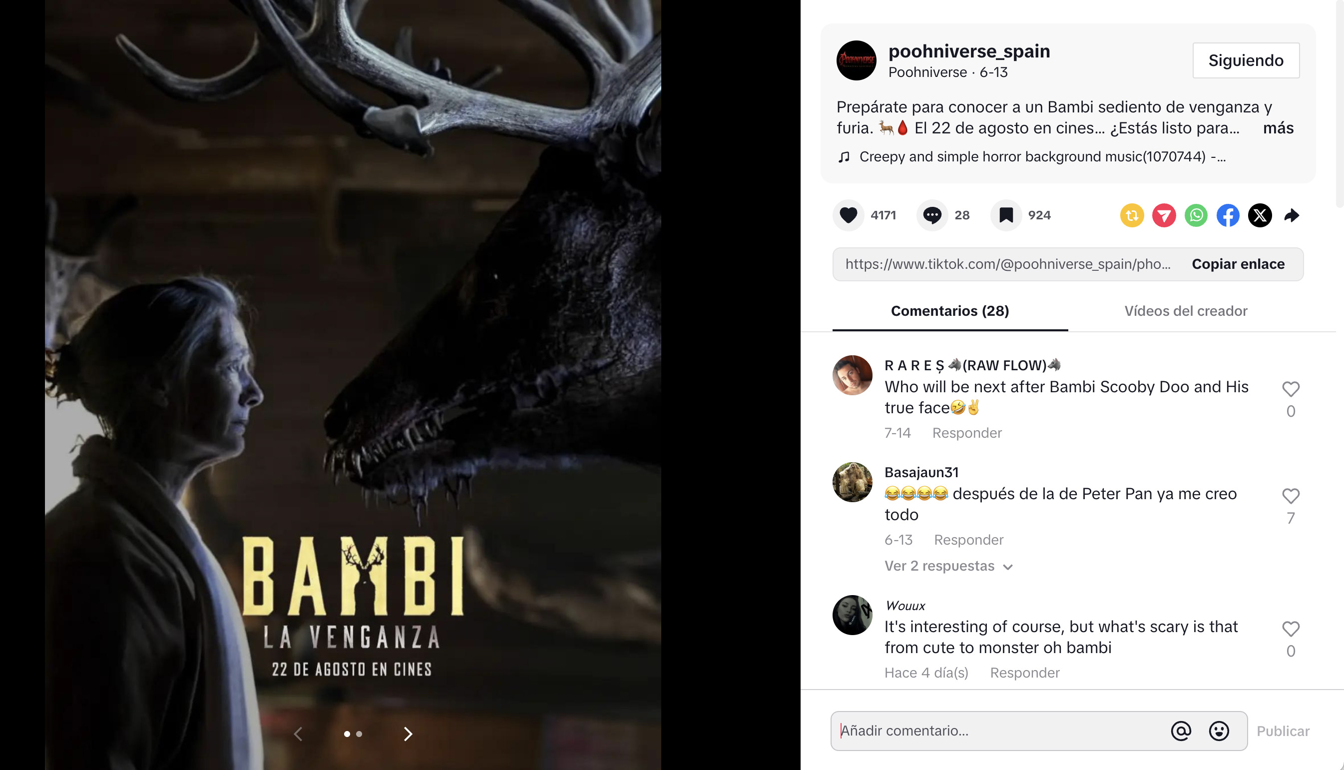 Mujer frente a un ciervo mutado con aspecto aterrador en el póster de "Bambi: La Venganza", parte del universo de terror Poohniverse.