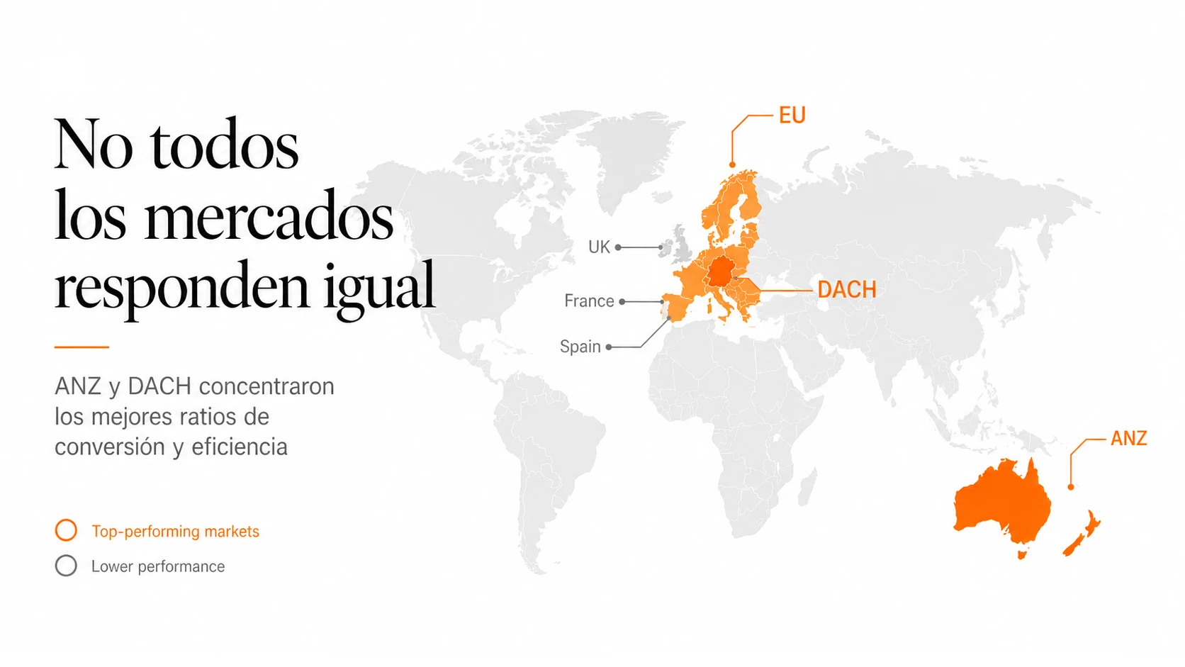 Mapa de mercados globales destacando regiones con mejor rendimiento y conversión en campañas digitales