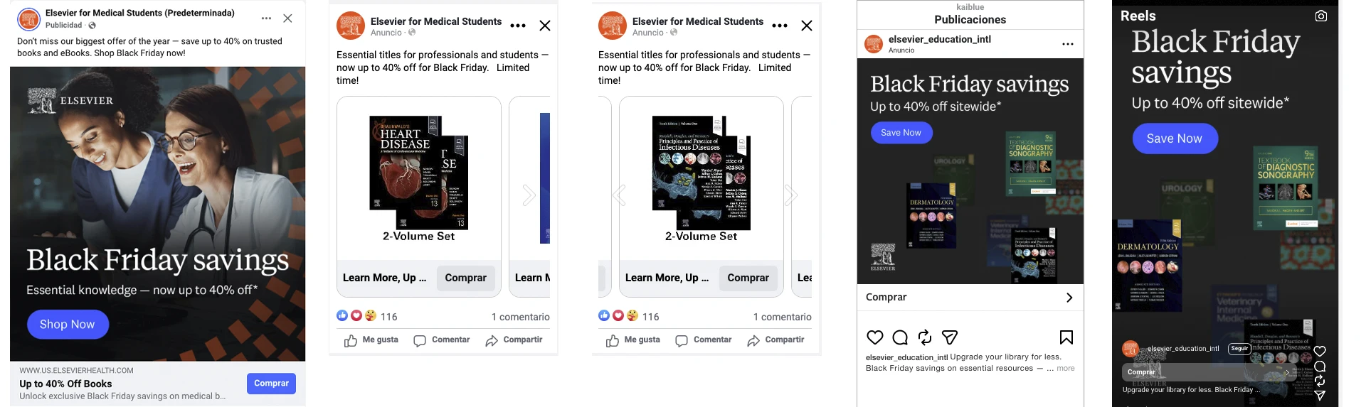 Anuncios de Black Friday de Elsevier en campañas de paid media mostrando promociones de hasta 40% en libros médicos y eBooks