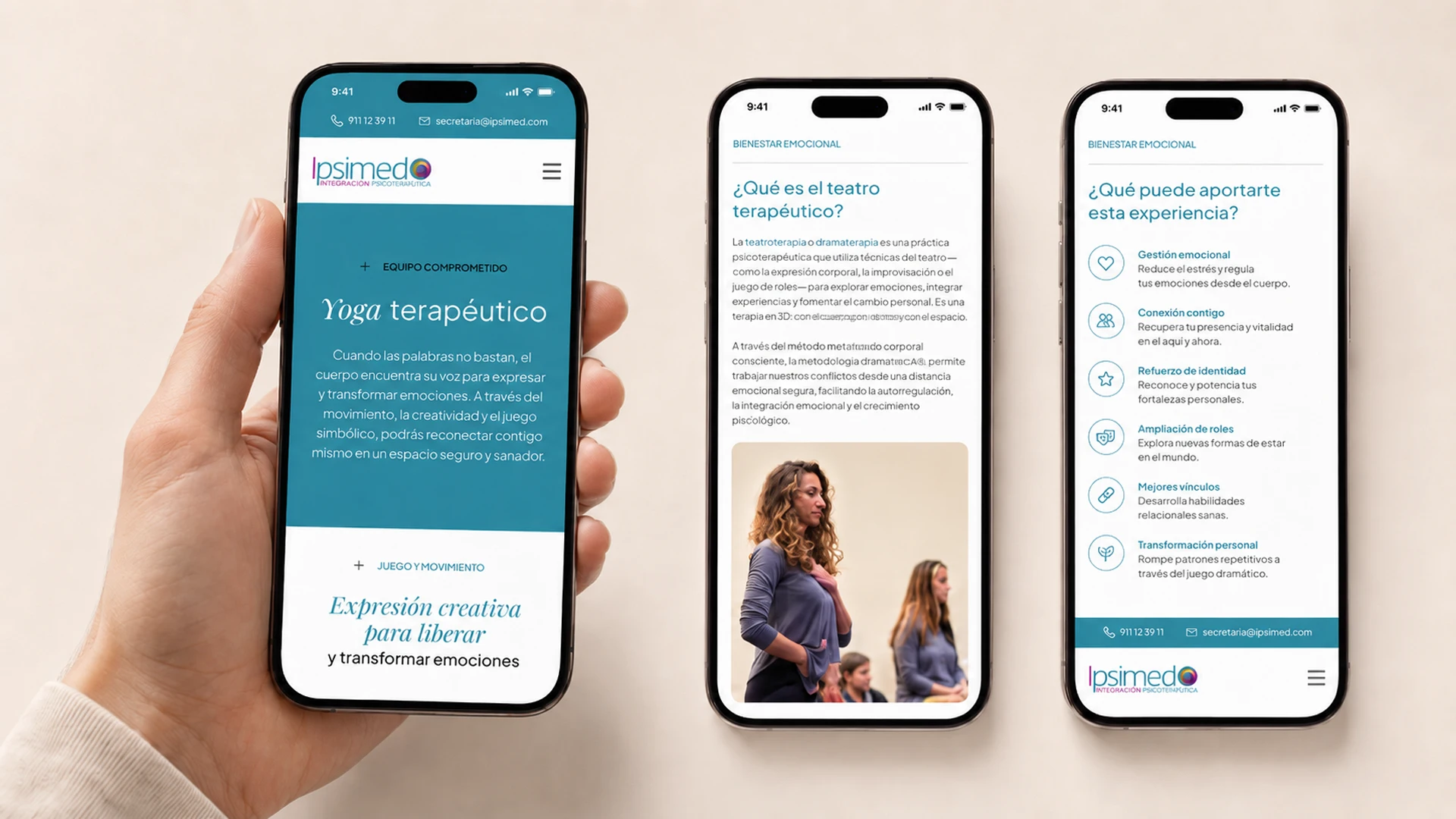 Diseño web responsive de Ipsimed en móvil mostrando interfaz UI/UX optimizada para servicios de salud mental y bienestar emocional