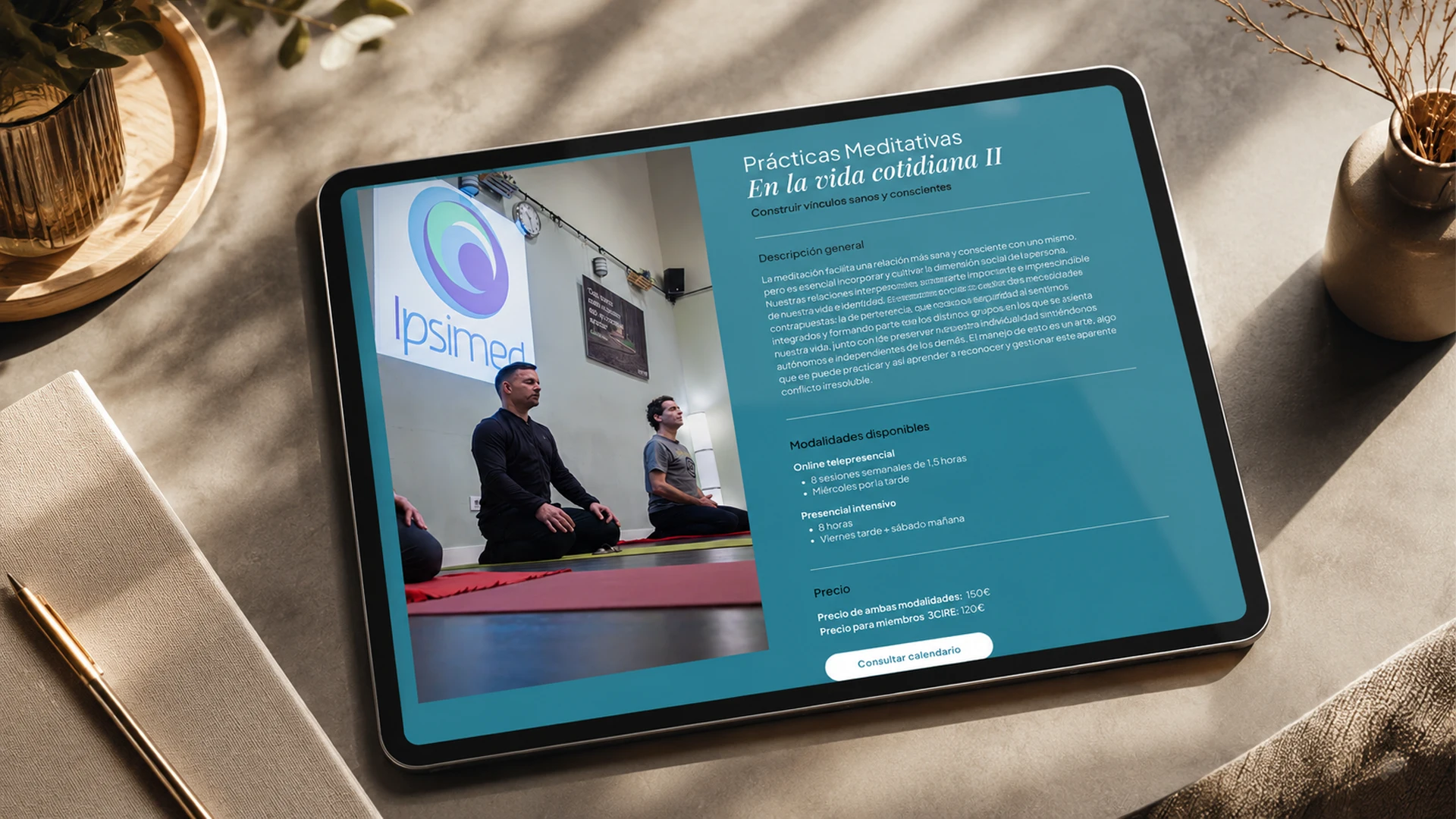 Diseño web de Ipsimed en tablet mostrando página de prácticas meditativas y contenido de bienestar emocional optimizado para experiencia de usuario