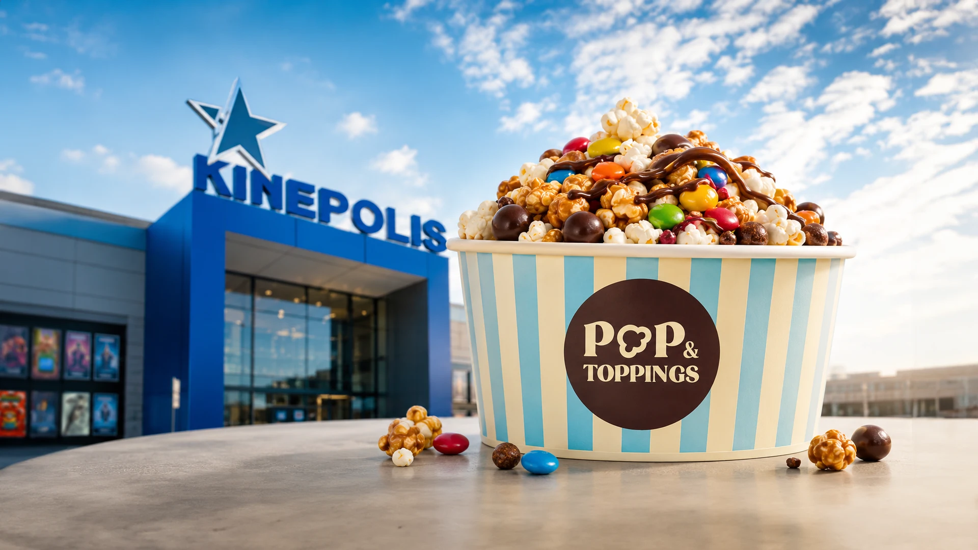 Key visual de POP & TOPPINGS para Kinépolis con palomitas, chocolates y toppings