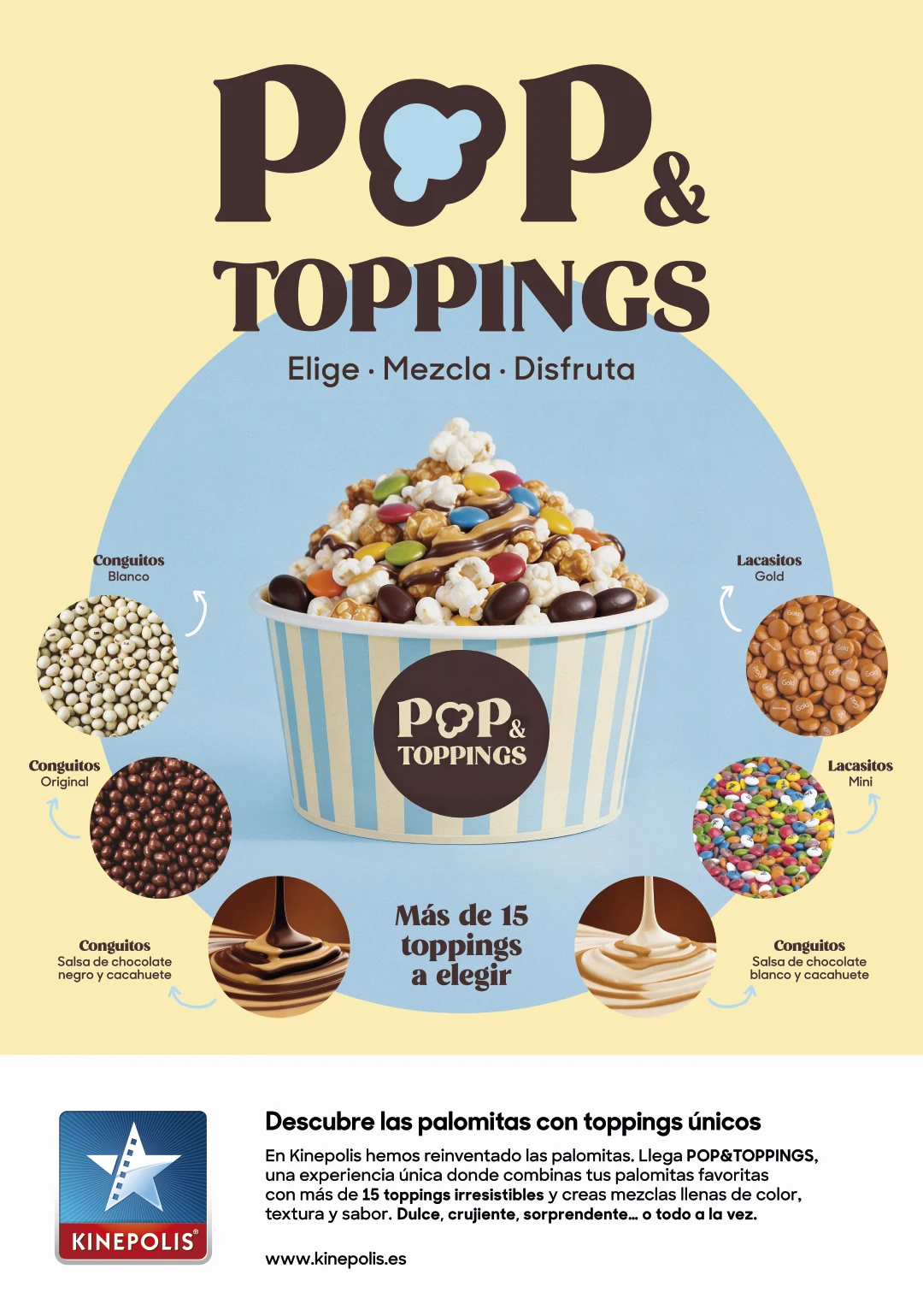 Key visual de la campaña POP & TOPPINGS de Kinépolis con más de 15 toppings a elegir