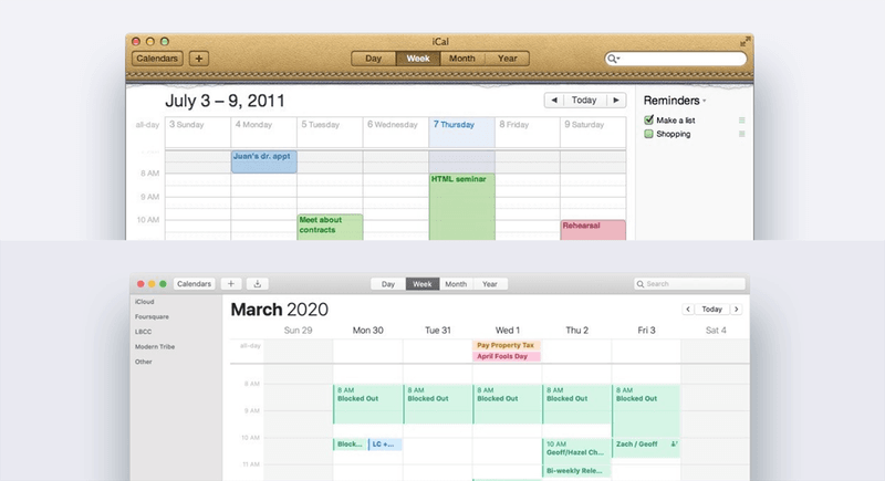 Imagem comparando as diferentes versões do calendário do Mac, indicando texturas e neomorfismo para criar Hierarquia Visual