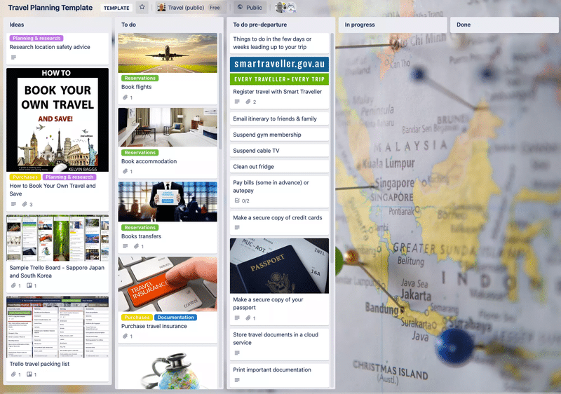 Example of Kanban board for Travel Planning