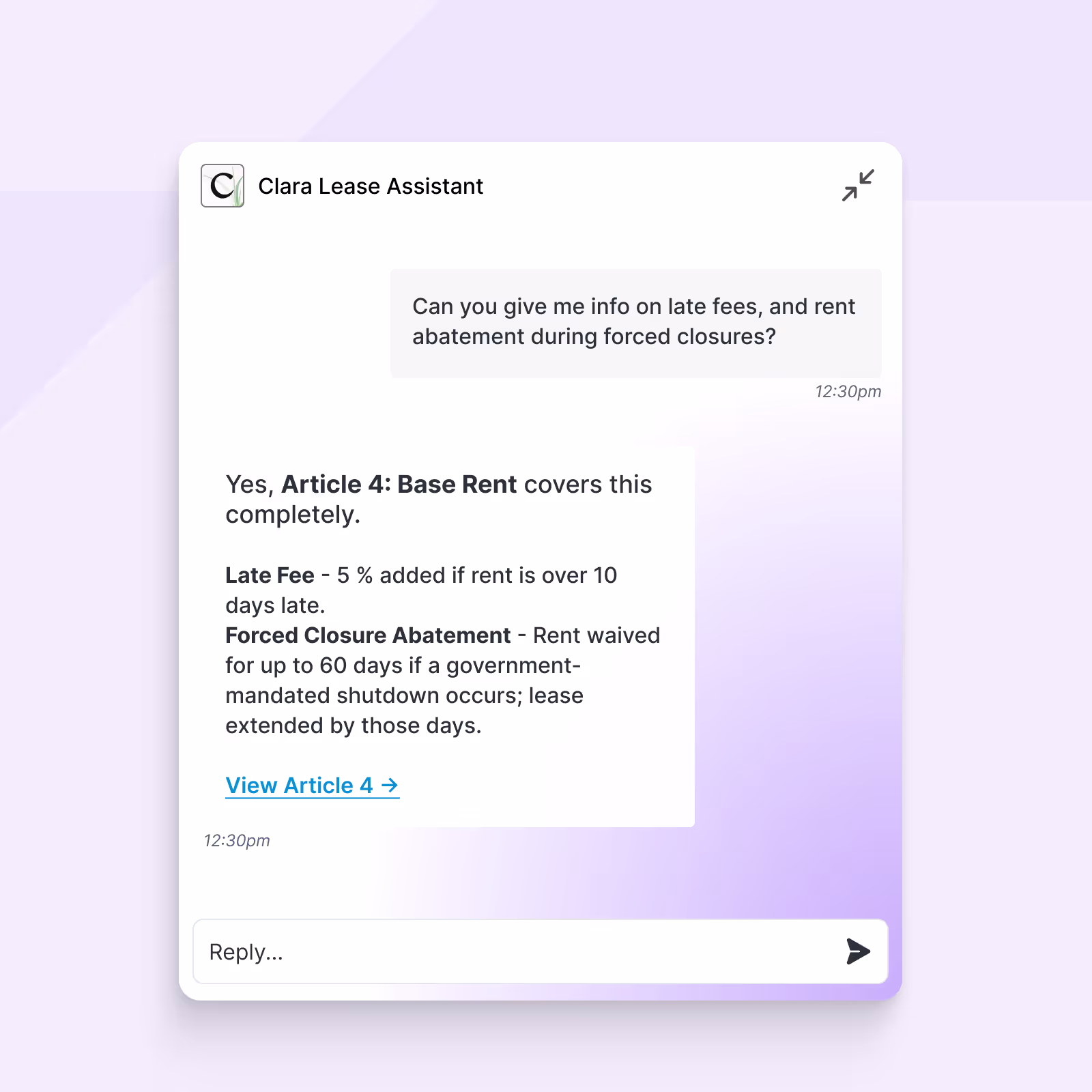 Get any lease information from Clara, our AI Agent
