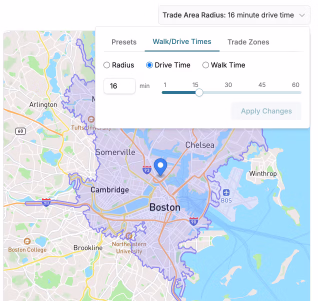 a trade zone using a 16-minute drive time radius