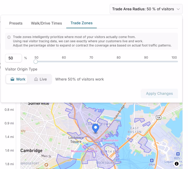 a trade zone using customer origin (work) foot traffic data