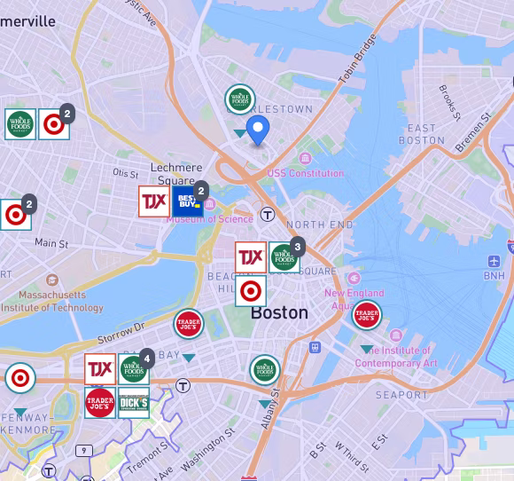 map view of competitor and complimentary business locations within the trade zone