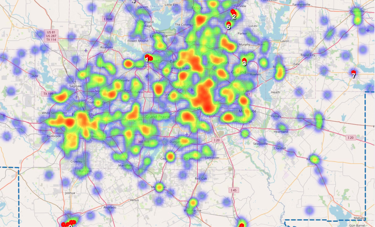 An entire-market foot traffic heat map within GrowthFactor's Market Opportunity Analysis