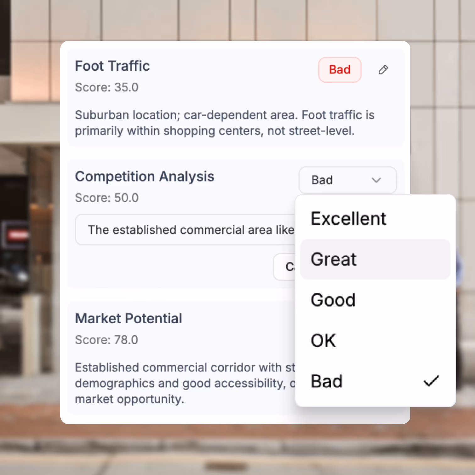 User interface showing business location analysis with scores for Foot Traffic (35, Bad), Competition Analysis (50, dropdown with options Excellent, Great, Good, OK, Bad), and Market Potential (78).