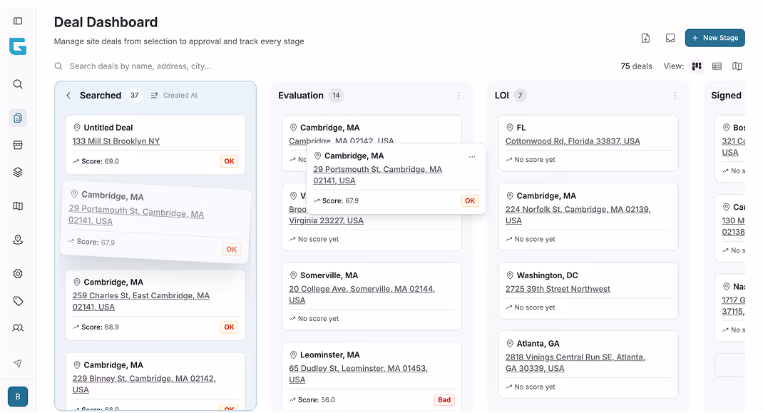 Deal Dashboard interface showing multiple deal stages: Searched, Evaluation, LOI, and Signed, with deal names, addresses, scores, and statuses in each stage column.