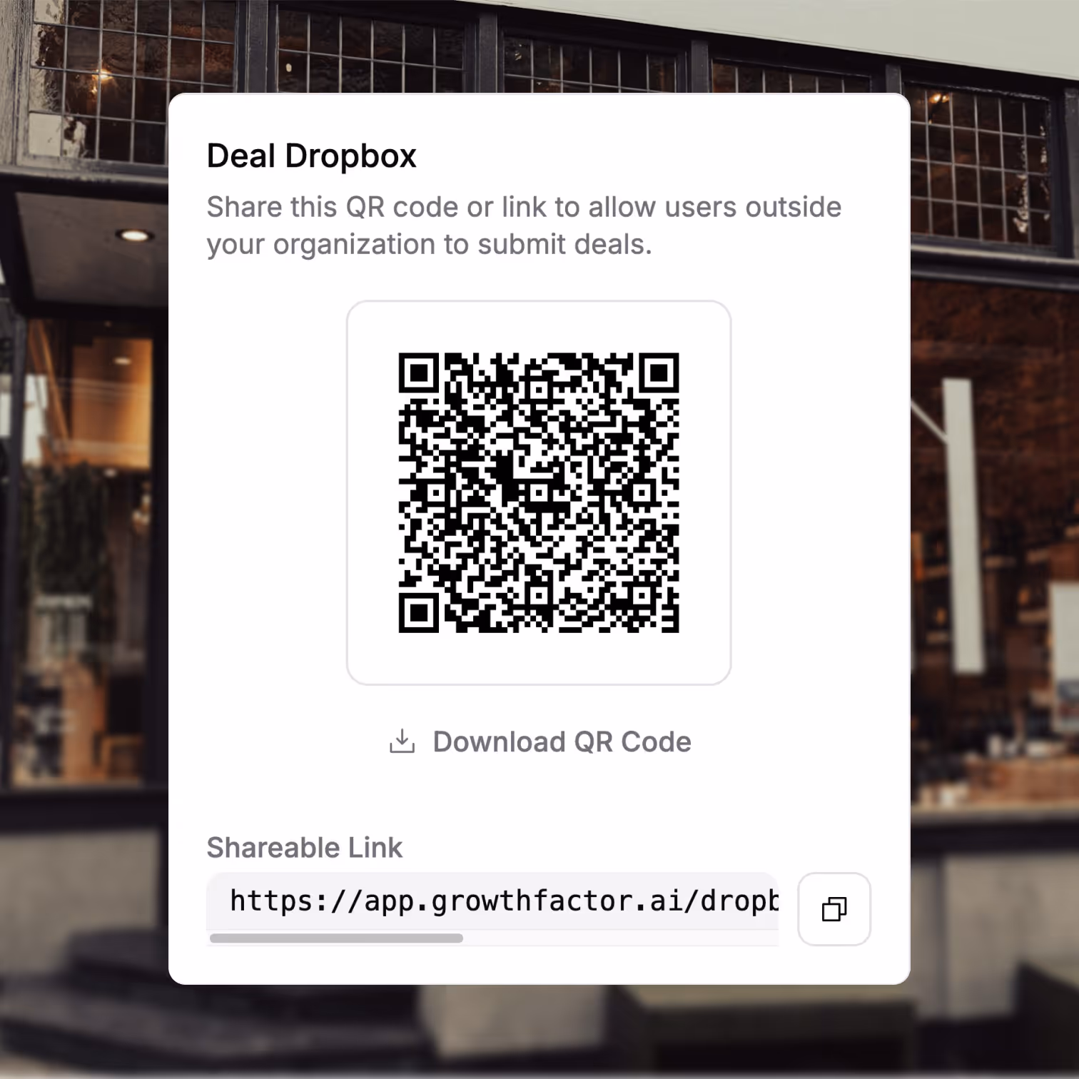 Interface showing a QR code and shareable link to submit deals on Deal Dropbox, with an option to download the QR code.