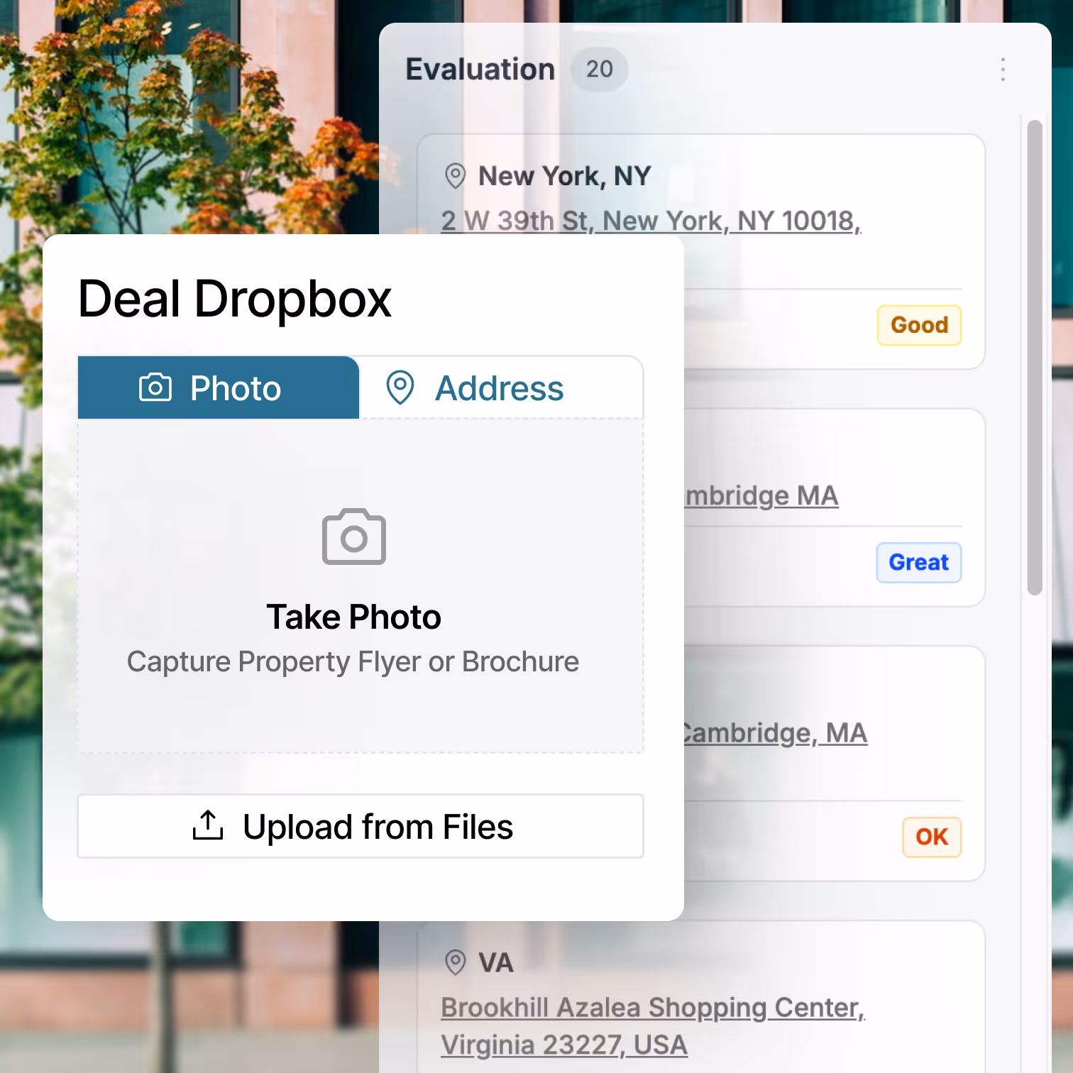 Screenshot of a digital interface to upload a property flyer with options to take a photo or upload files, labeled 'Deal Dropbox'.
