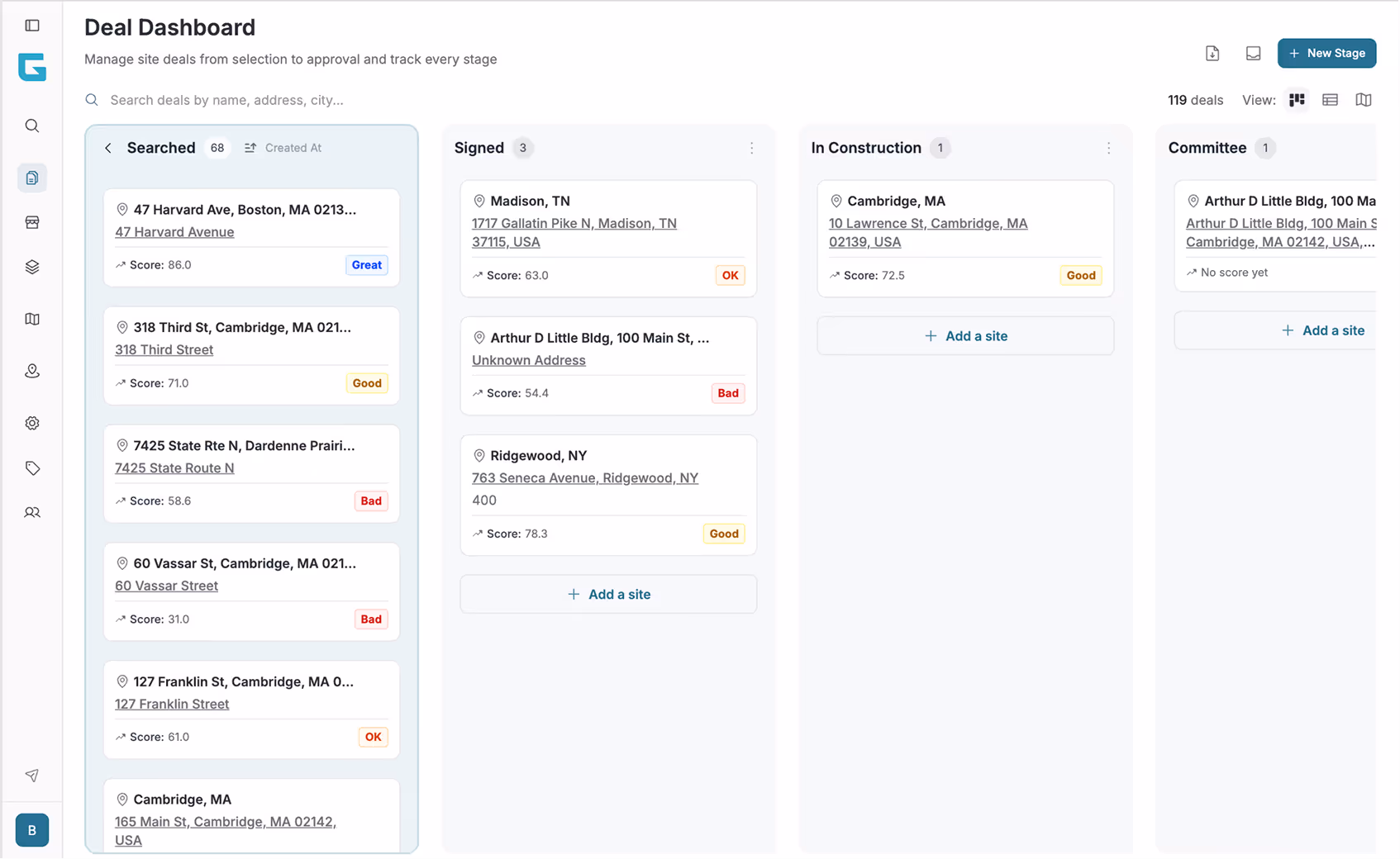 GrowthFactor deal pipeline tracking 119 retail sites across search, signed, construction, and committee stages