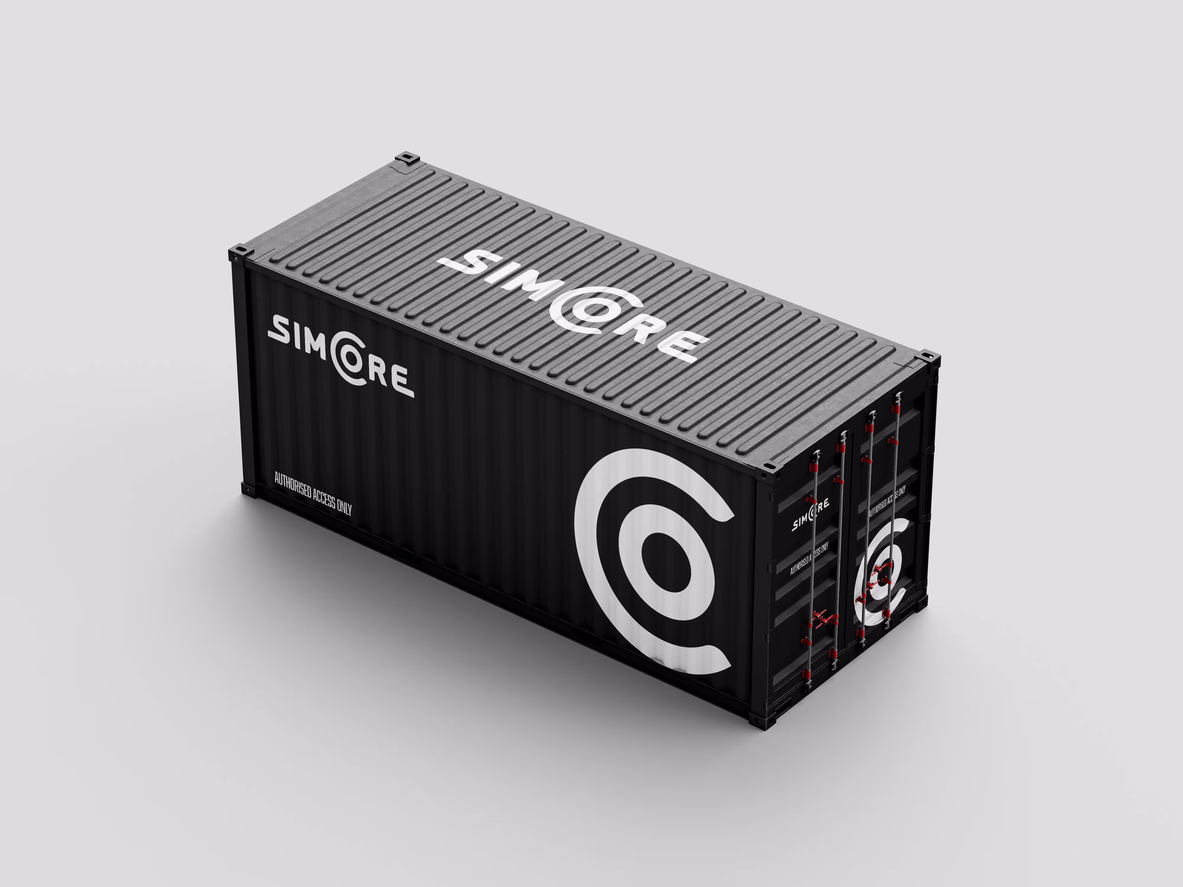 A shipping container showing the exterior advertising design for SimCore.