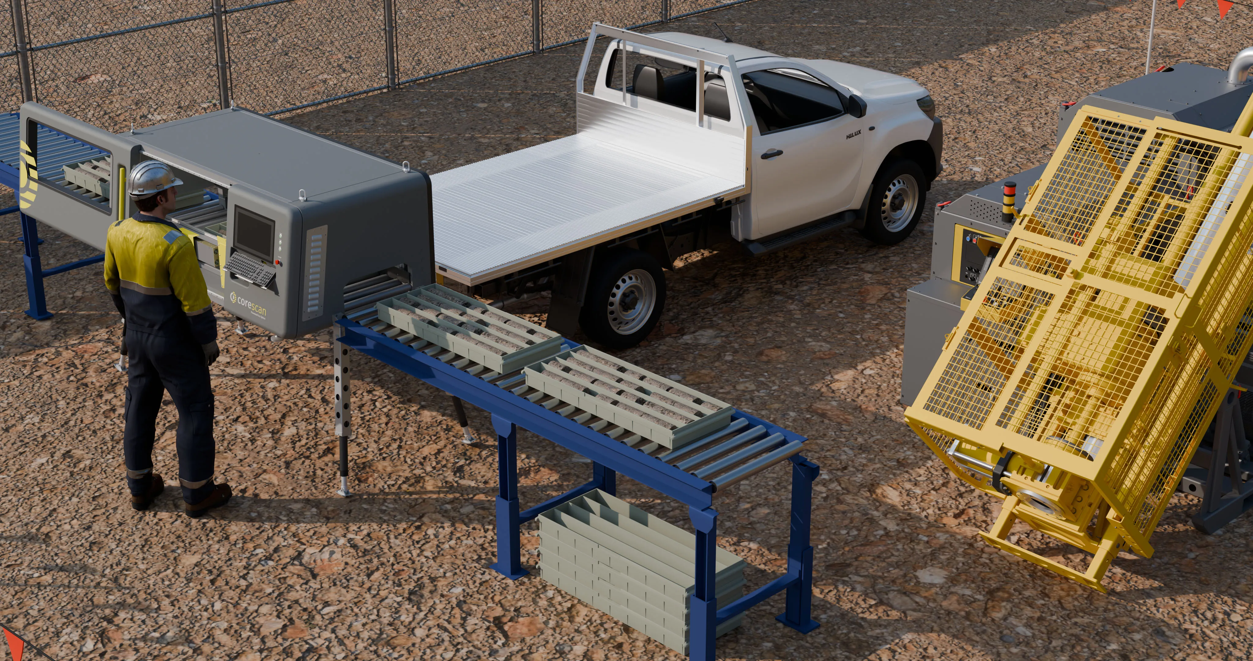 A 3d render of an Epiroc Corescan machine on site, displaying a drillpad arrangement.