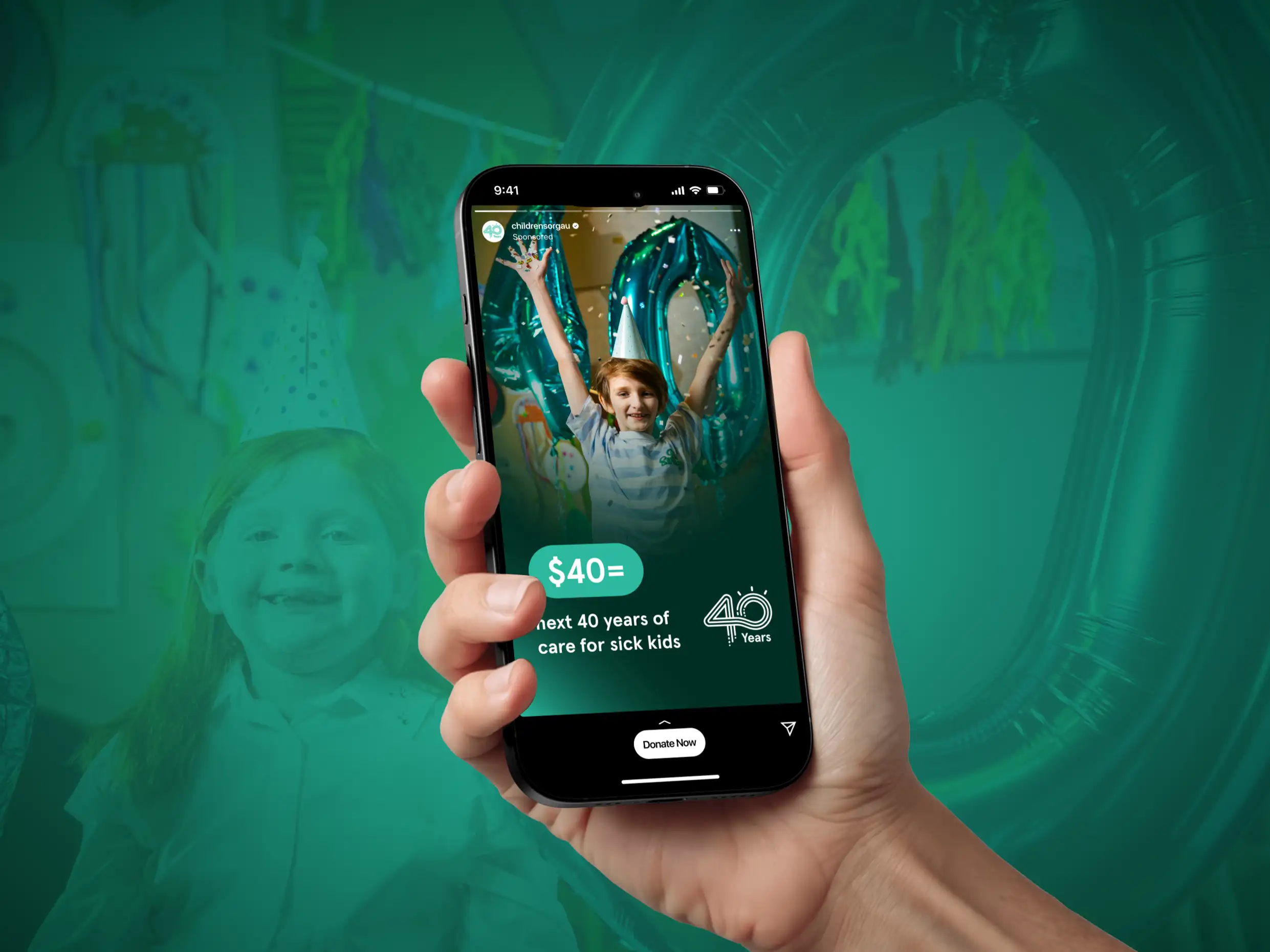 A display showing some social media designs and meta advertising for the Children's Hospital Foundation 40 years anniversary highlighting the logo design.