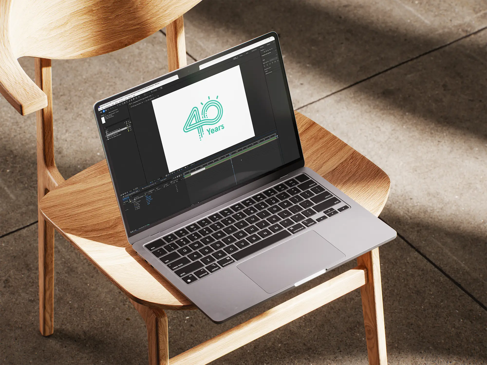 A laptop sitting on a chair displaying a the Children's Hospital Foundation 40 year anniversary logo animation.