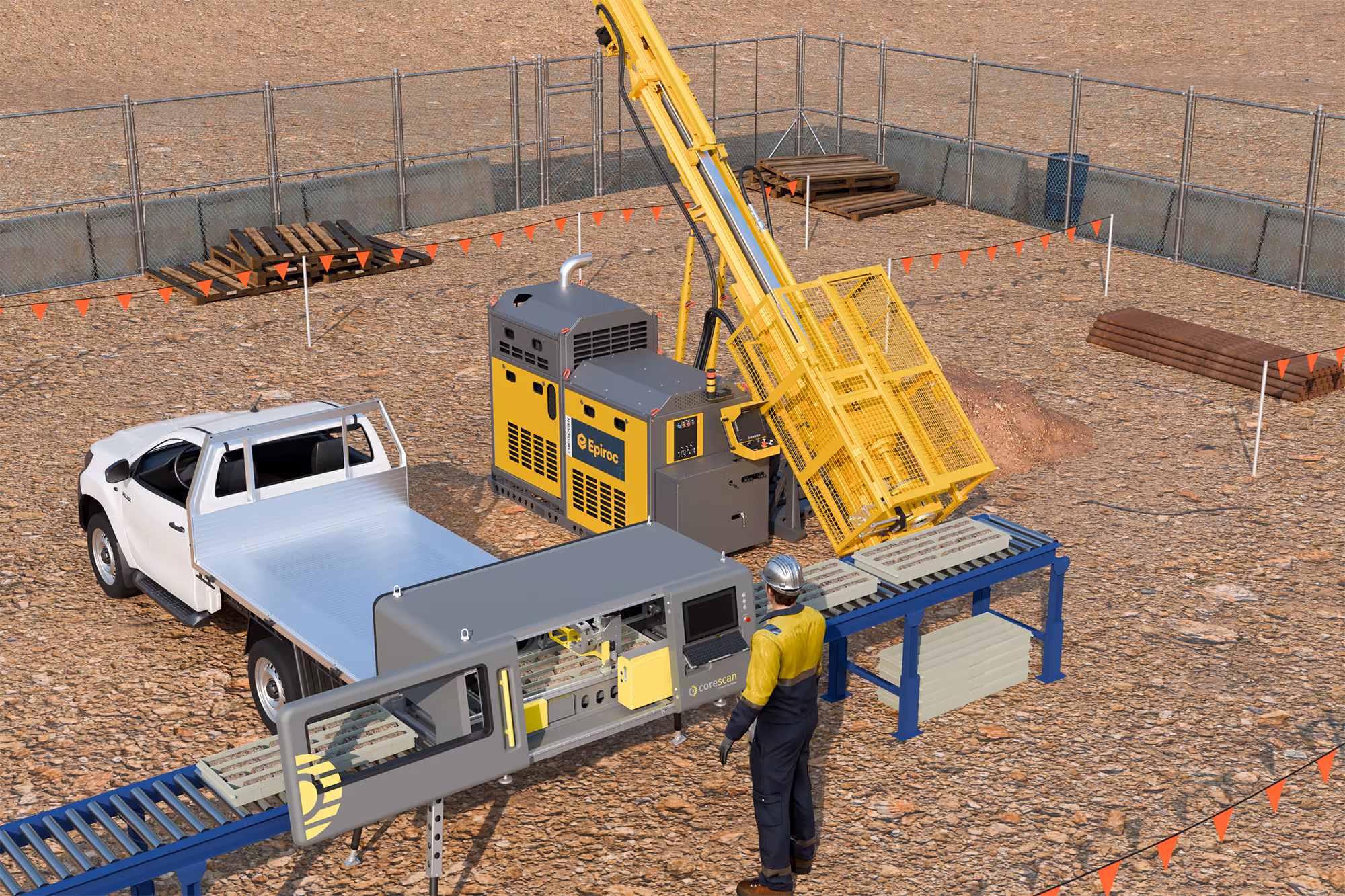 A 3d render of an Epiroc Corescan machine on site, displaying a drillpad arrangement.