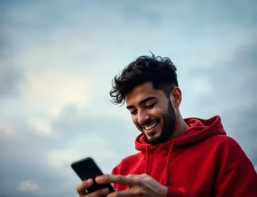 A smiling trader using his mobile phone for 24/7 cryptocurrency