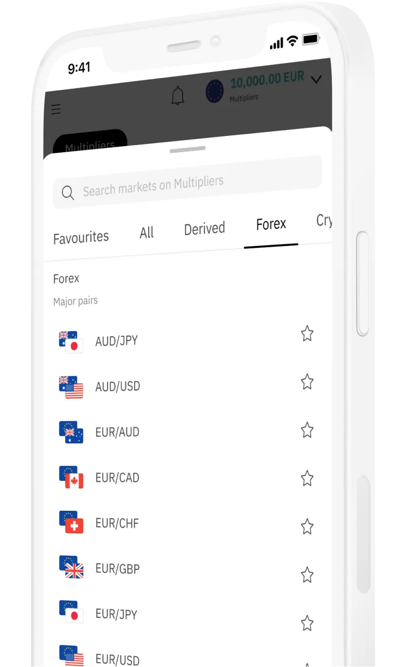 A mobile screen showing different trading assets on Deriv Trader.