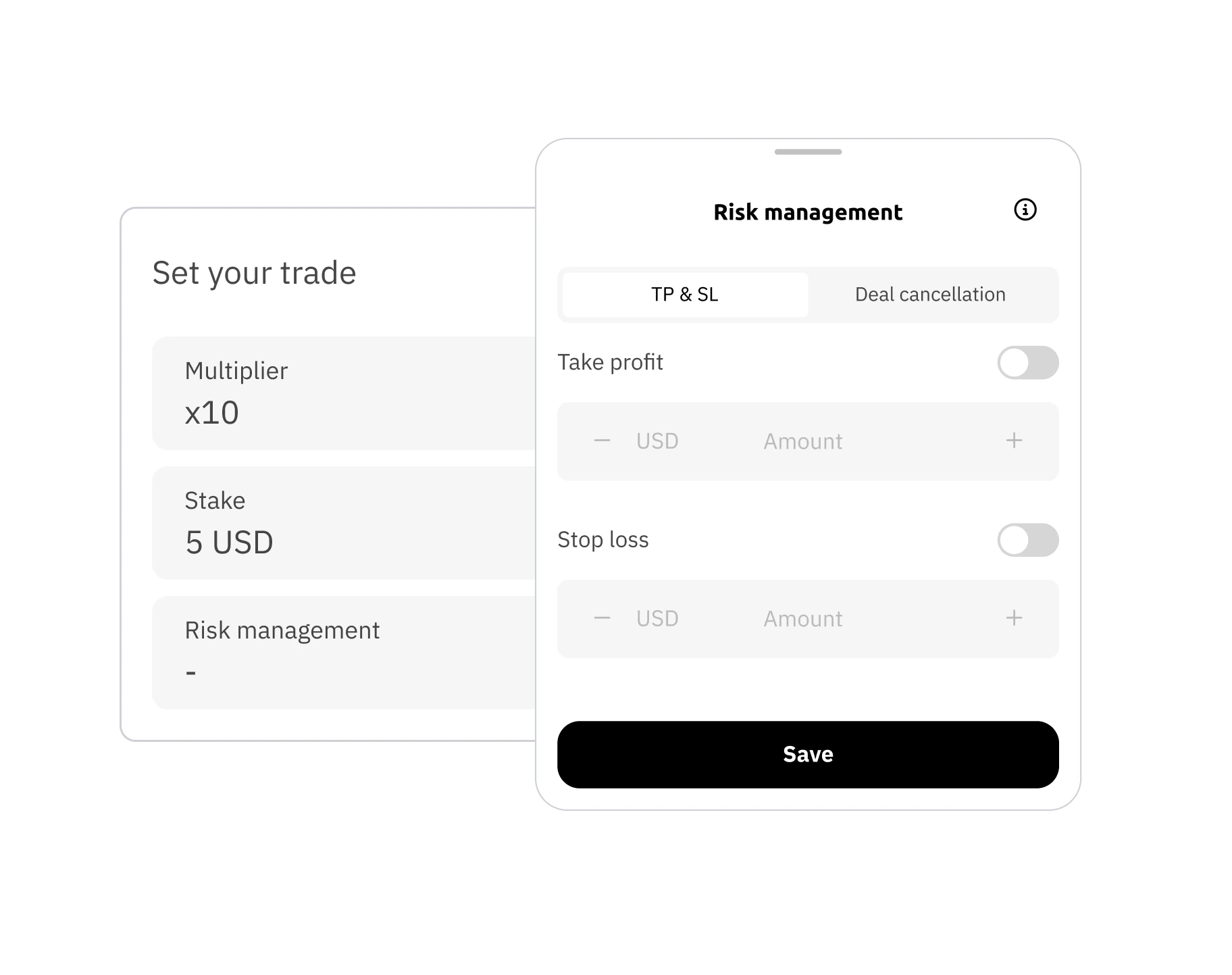 A screen showing trade parameters on Deriv Trader.