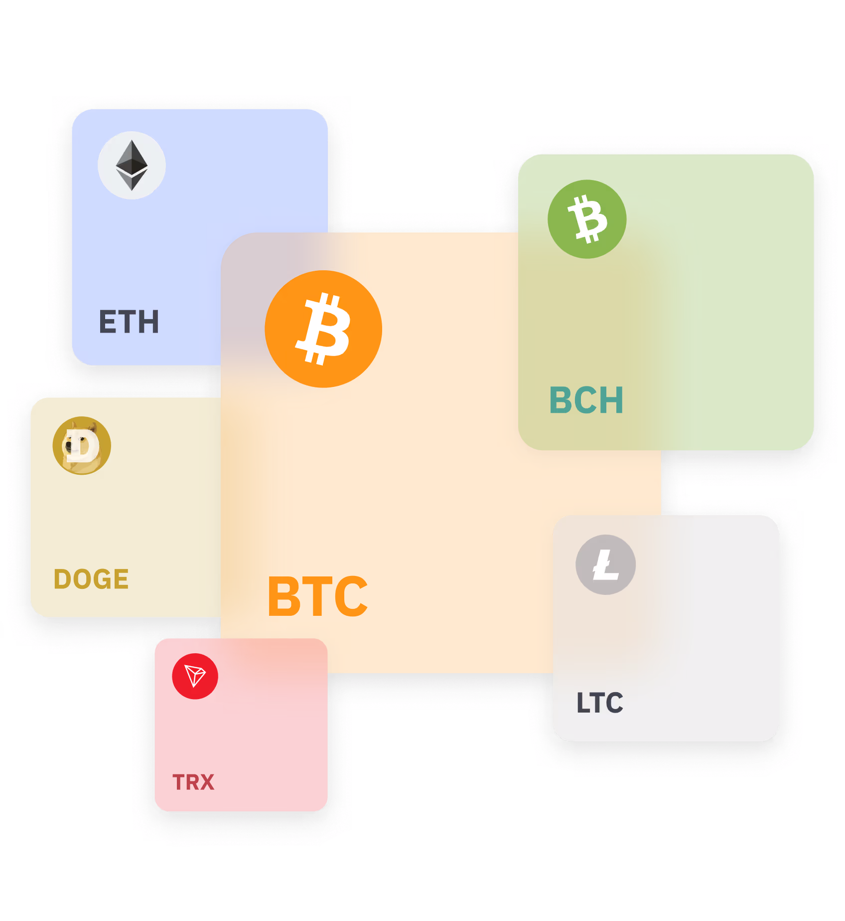 An illustration representing crypto trading assets like BTC, ETH, USDT, DOGE, LTC, TRX