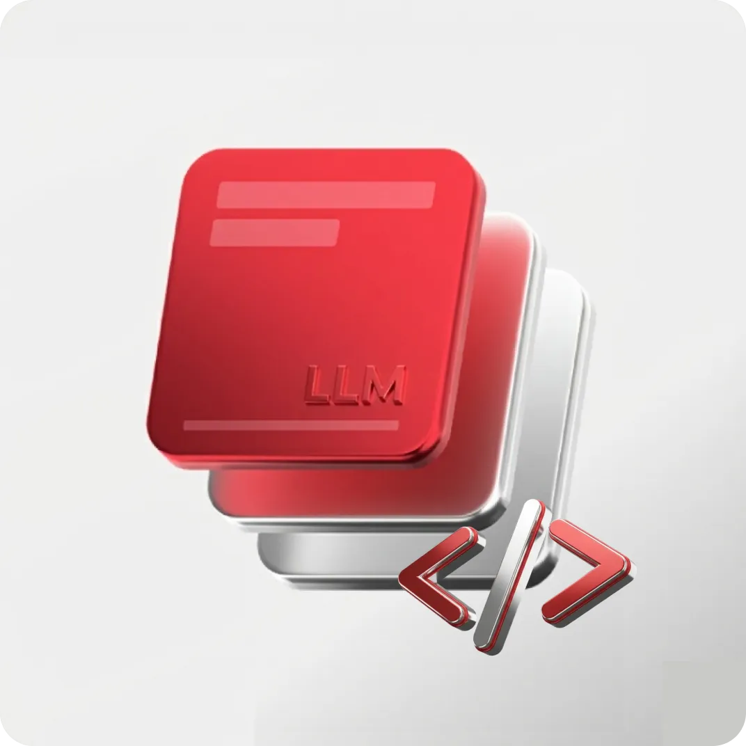 3D rendering of stacked red blocks labeled LLM with coding symbols, representing large language model technology and software development