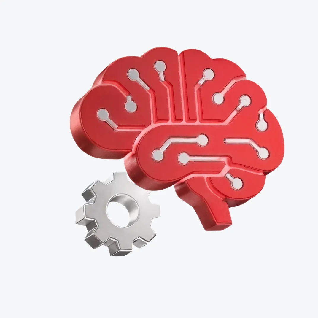 Illustration of a red brain with circuit patterns connected to a silver gear, representing AI and engineering innovation