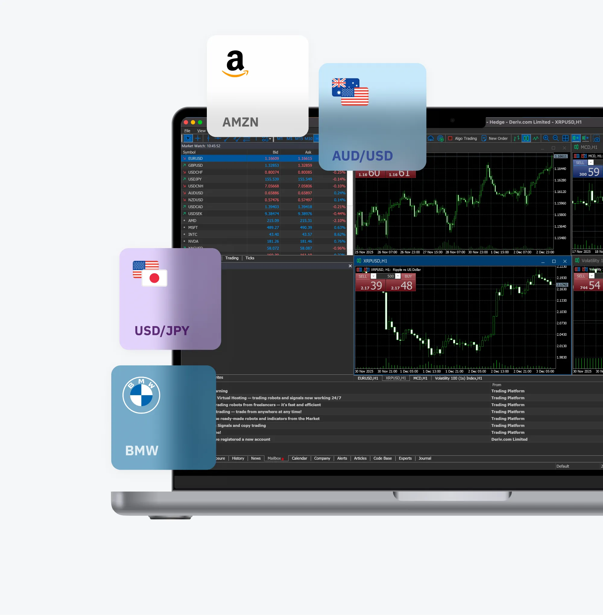 Laptop displaying Deriv MT5 desktop app with floating Amazon, BMW, and forex icons