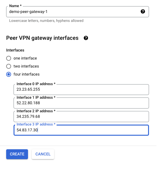 Screen showing peer VPN gateway details