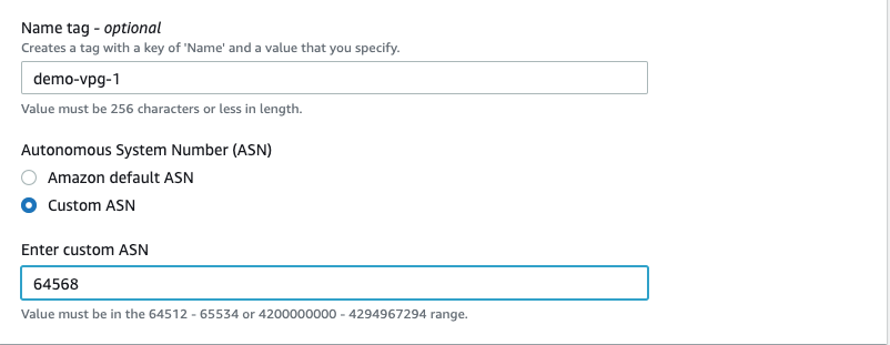 Screenshot showing details to create virtual private gateways
