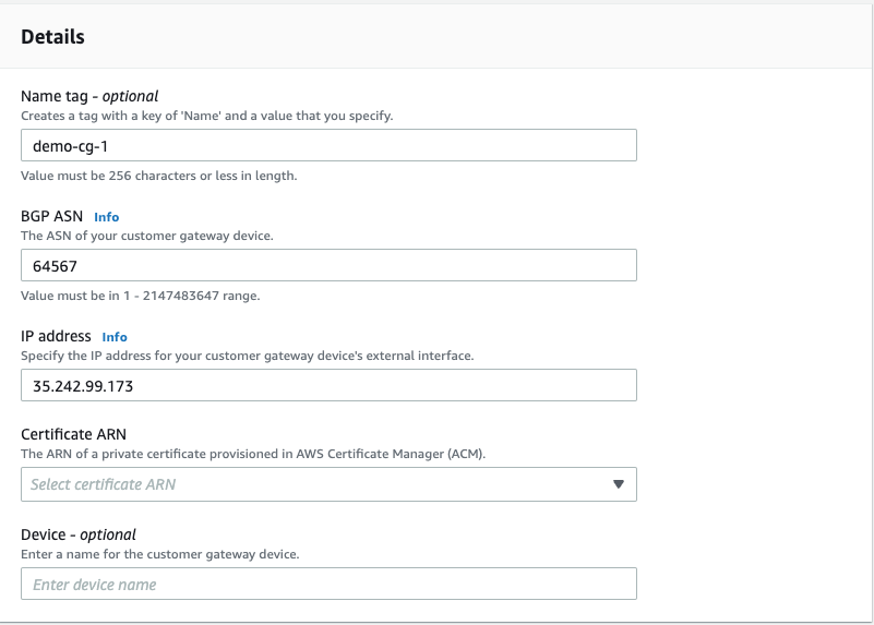 Screenshot showing customer gateway details