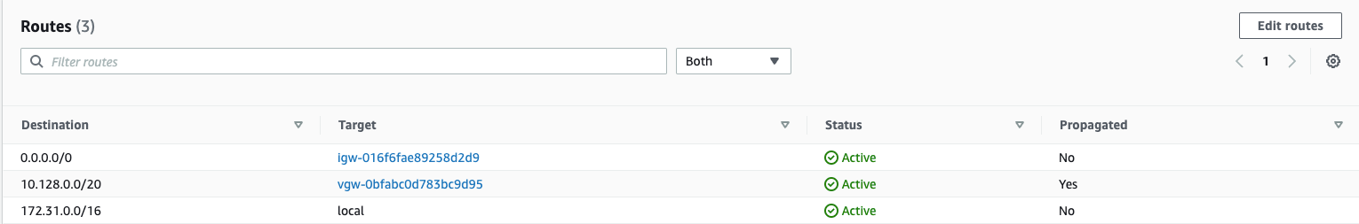 Screen showing VPN route propogation